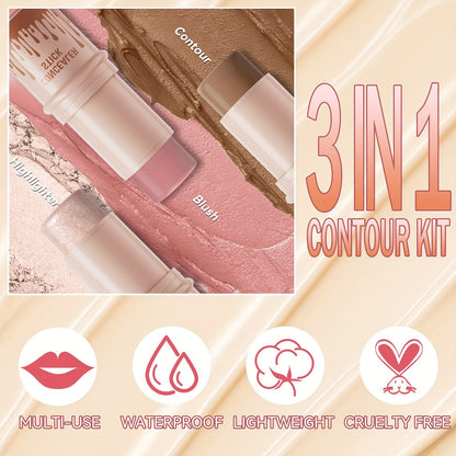 3Pcs Contour, Blush & Highlighter Stick Set - Non-Greasy, Waterproof, Long-Lasting Cream Contour Kit with Brush for a Flawless Look, Fair-Medium, Perfect for Halloween Makeup