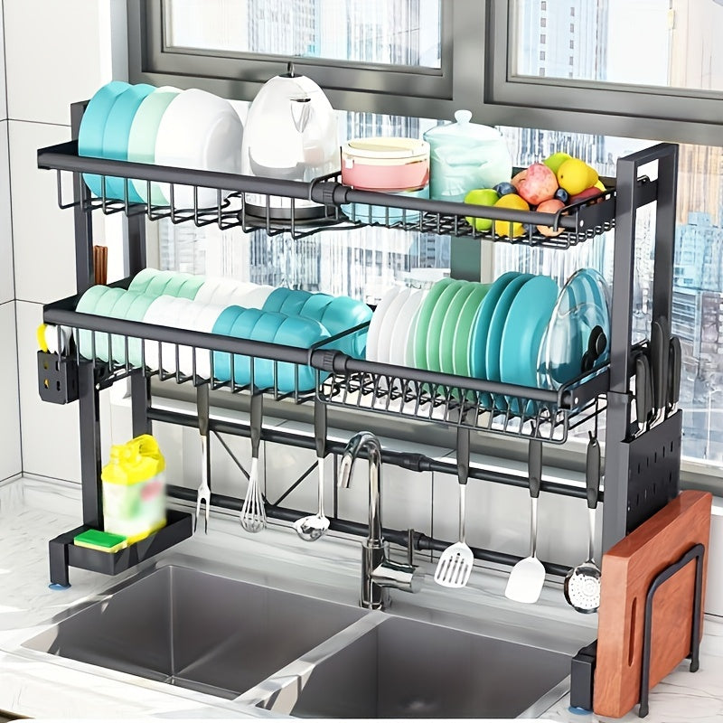 Expandable Stainless Steel Sink and Bowl Rack - 2 Layer Adjustable with Cutlery and Chopstick Rack, Black