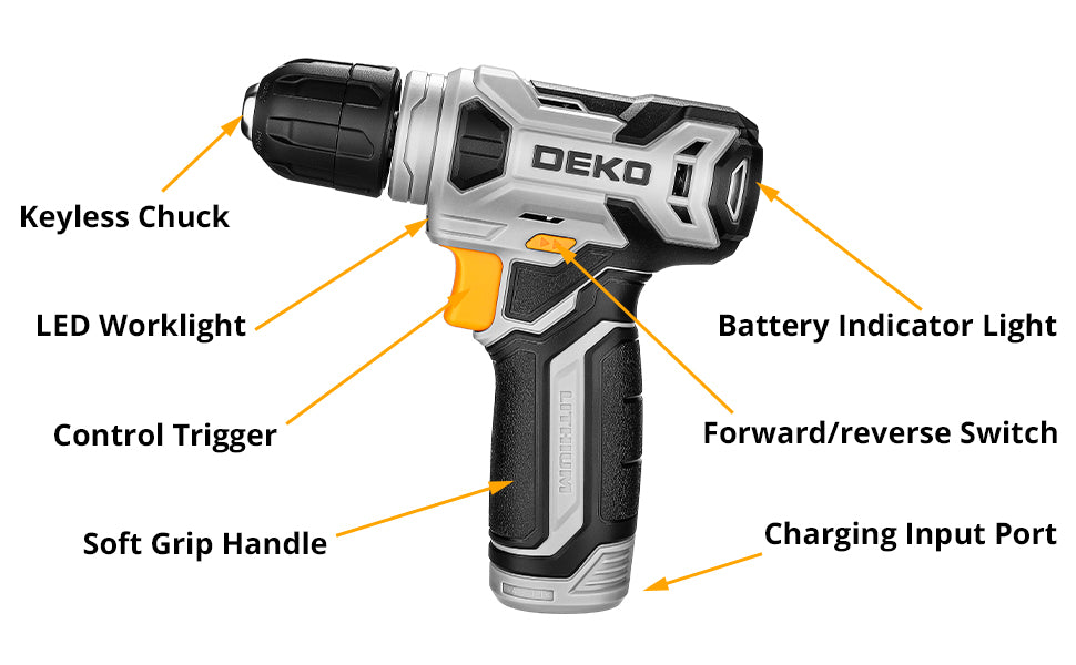 DEKO 126-Piece Power Tool Combo Kit – 8V Cordless Drill with 10MM Keyless Chuck, Professional Home Tool Set