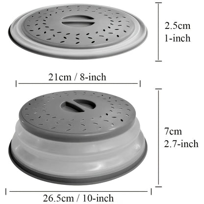 Collapsible Microwave Food Cover – 10.5 Inch Round, BPA-Free TPR with Handle, Steam Vent & Strainer for Plate Protection (Grey)
