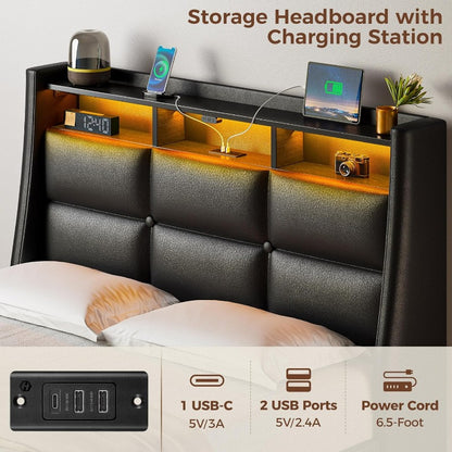 Twin Full Queen Bed Frame with LED Lighting and Charging Station - PU Leather/Neutral Linen Storage Headboard, Drawers, Heavy Duty Wood Slats, Easy Assembly - Modern Bedroom Furniture Upgrade