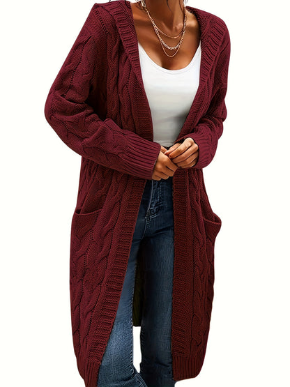 Solid Open Front Cable Knit Hooded Cardigan – Casual Long Sleeve Mid-Length Sweater with Pocket for Women