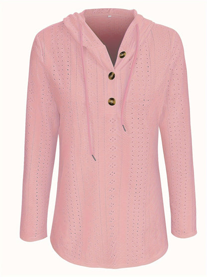 Solid Color Button Eyelet Hoodie – Casual Long Sleeve Drawstring Sweatshirt – Women's Clothing