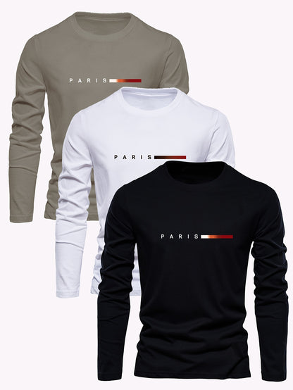 Men's 3-Pack 100% Cotton Long Sleeve T-Shirts - Casual Crew Neck with Paris Applique, Breathable Letter Print Tops for Spring/Fall