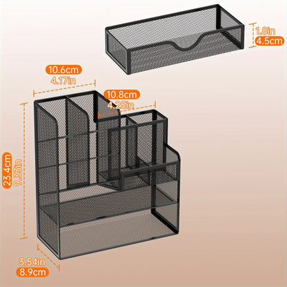 JMHUD Versatile Pencil Organizer – Mesh Pen Holder with Drawer for Desk – Enhanced Desk Organizer for Office and Art Supplies (Black)
