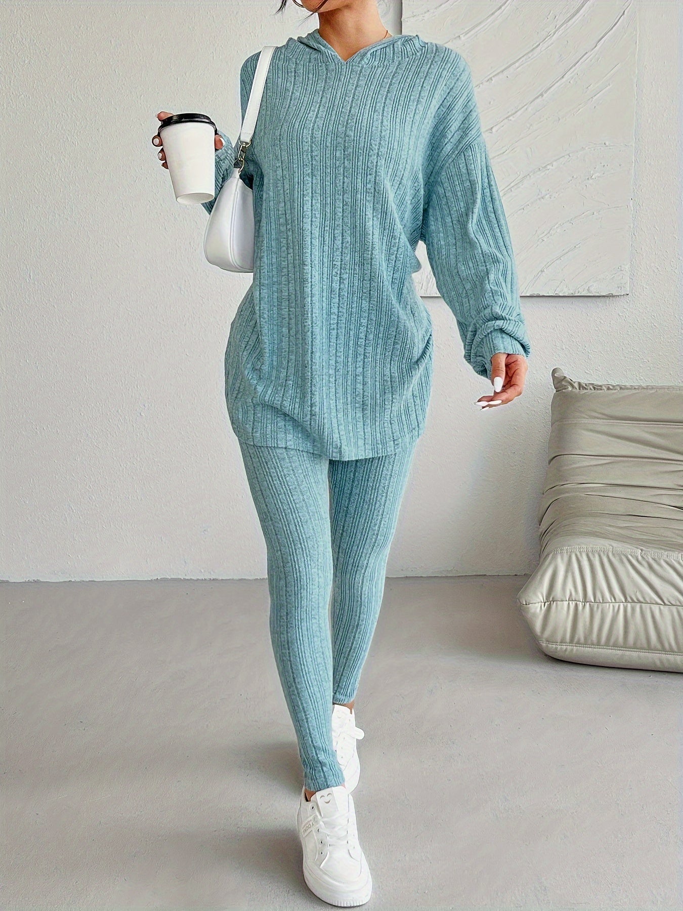 Ribbed Two-Piece Set - Casual Long Sleeve Hooded Top and Skinny Pants Outfit for Women
