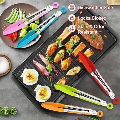 3pcs/7pcs Kitchen Tongs - 7 Inch Small Silicone Tongs with Stainless Steel Handles, Heat Resistant, Non-Stick, Locking Food Tongs for Cooking, Grilling, and Frying