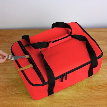 Red Baking Tray Bag – Expandable Layered Insulated Pot Carrier for 9"x13" Baking Tray – Forest Grey Grid, Hot or Cold Food – Layered Lugger Handbag, Lunch Bag with Ice Pack