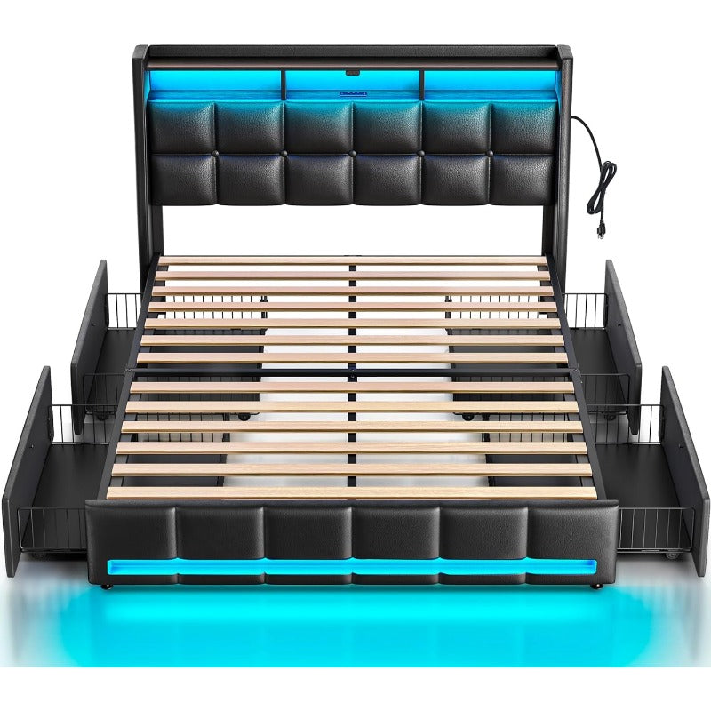 Twin Full Queen Bed Frame with LED Lighting and Charging Station - PU Leather/Neutral Linen Storage Headboard, Drawers, Heavy Duty Wood Slats, Easy Assembly - Modern Bedroom Furniture Upgrade