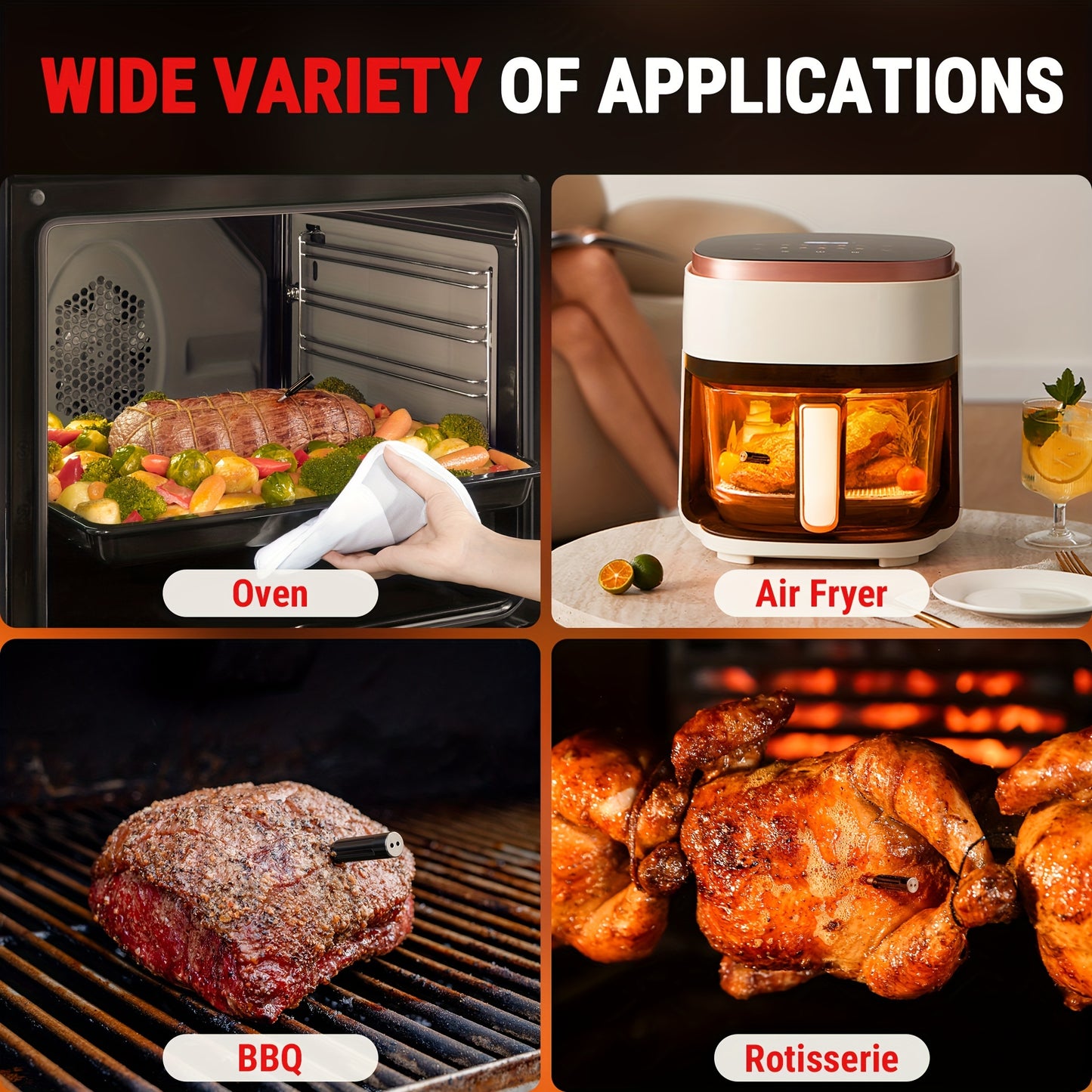 500-ft Wireless Meat Thermometer – Digital Cooking Thermometer with Temperature Alarm for Oven, Grill, BBQ, Smoker & Rotisserie