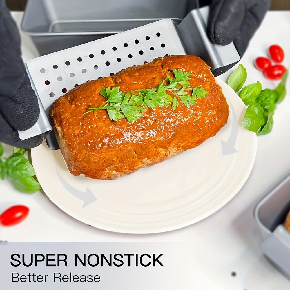 2 Piece Non-Stick Meatloaf Pan Set with Drain Tray - Reduces Fat, Enhances Flavor, Perfect for Baking & Bread Making