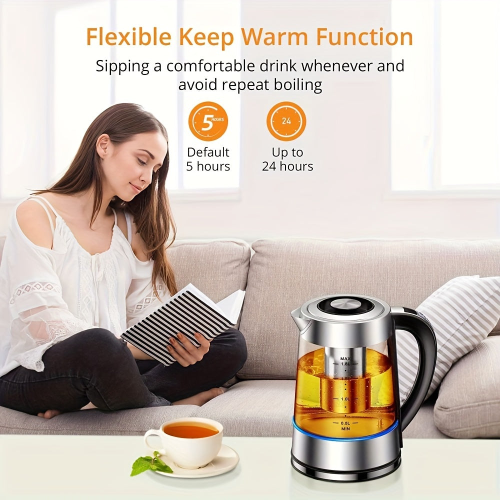 1.8L Electric Glass Kettle – Precise Temp Control, 24H Insulation, Stainless Steel Strainer for Tea & Coffee