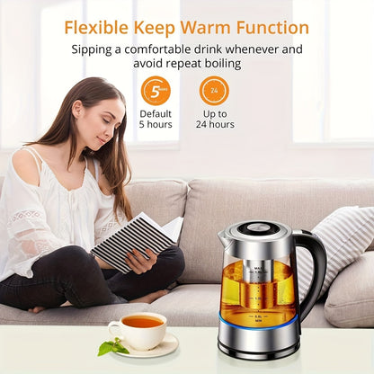 1.8L Electric Glass Kettle – Precise Temp Control, 24H Insulation, Stainless Steel Strainer for Tea & Coffee