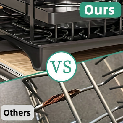 2-Tier Large Stainless Steel Dish Drying Rack with Drainboard – Black Dish Drainer for Kitchen Counter – Includes Space for Dishes, Knives, Cups, Cutting Board