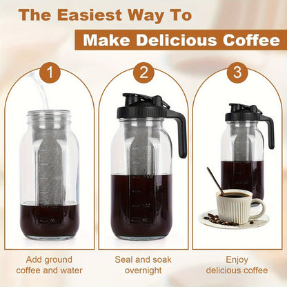 64oz Large Capacity Cold Brew Coffee Maker – Ultra-Dense Filter, 3-Step Brewing, BPA-Free Mason Jar, Includes Cleaning Brush – Effortless Iced Coffee