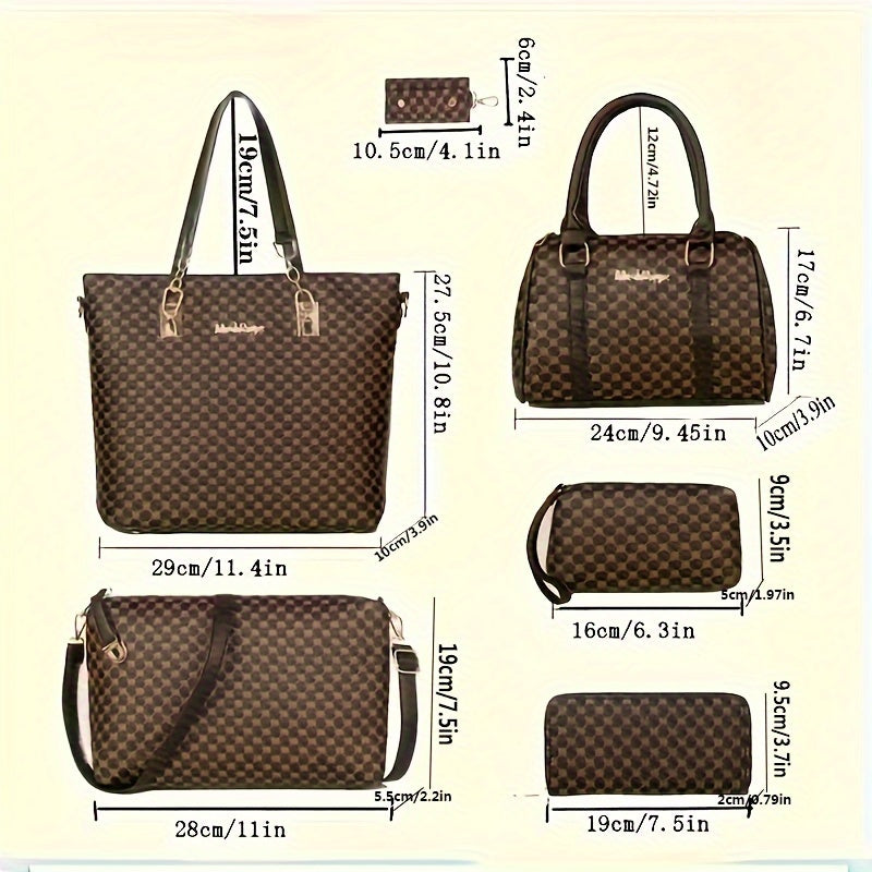 6pcs Fashion-Forward Geometric Bag Collection – Stylish Tote, Chic Boston Handbag, Versatile Crossbody, Spacious Wallet, Elegant Clutch and Key Holder Set for Women