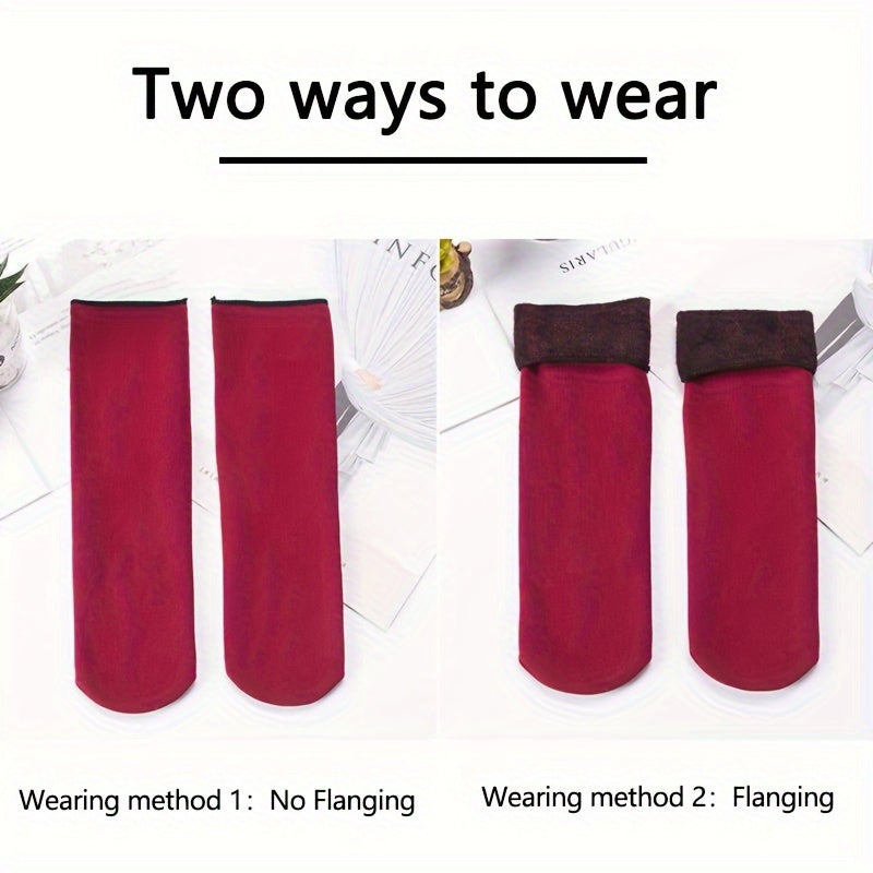 6 Pairs Winter Thermal Socks - Unisex Thickened Fleece-Lined Mid-Calf Boot Socks in Solid Colors - Soft Polyester and Spandex Fabric, Hand Wash Recommended