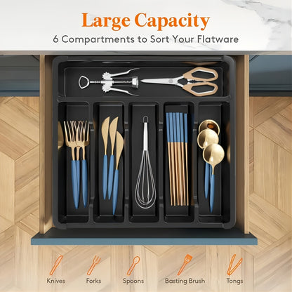 Flatware Organizer Tray – 6 Compartment Plastic Cutlery Holder for Kitchen Drawers – Lightweight Design, Polished Finish – Ideal for Knives, Forks, Spoons and More