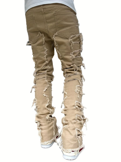 Creative Tassels Decoration Straight Fit Jeans - Men's Casual Medium Stretch Street Style Denim Pants for All Seasons