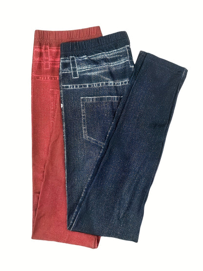 2 Pack Imitation Denim Print Pants - Casual Stretchy Everyday Pants for Women