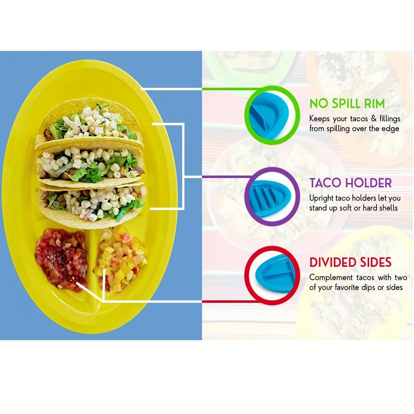 Fiesta Taco Serving Plates Set – 1pc/4pcs with Stand Holder for Soft and Hard Shell Tacos, Microwave Safe Plastic, Ideal for Taco Nights and Bars