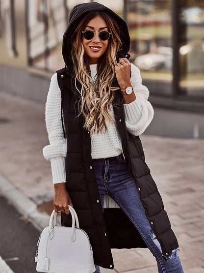 Women's Button Front Hooded Coat - Casual Sleeveless Long Length Outerwear