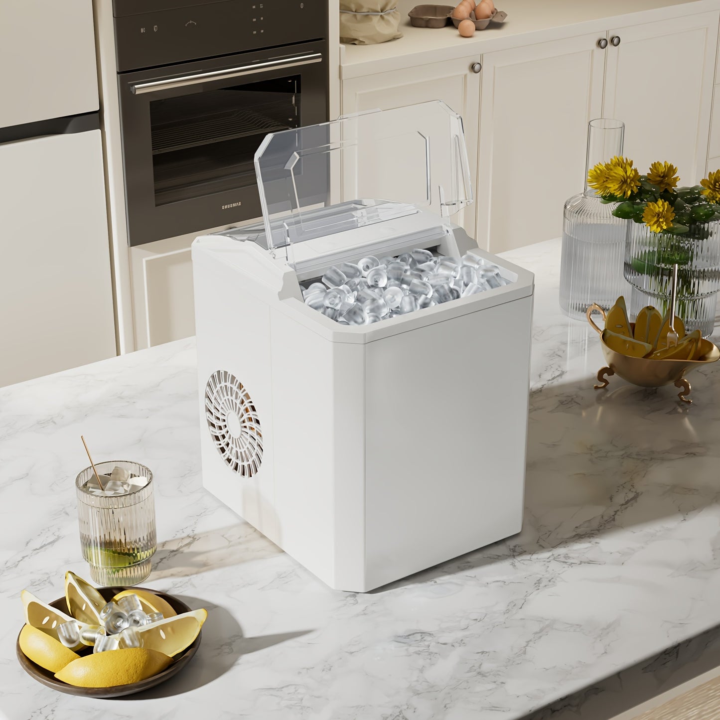Countertop Ice Maker – Nugget Portable Ice Machine, 9 Bullet Ice Cubes in 6 Minutes, 26.5lbs in 24 Hours, Self-Cleaning with Handle, Basket, Scoop for Home, Kitchen, Party, Camping, RV