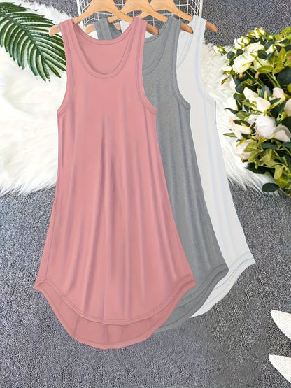 3 Pack Plus Size Basic Lounge Dress Set – Women's Solid Round Neck Tank Sleep Dress, 3 Piece Set