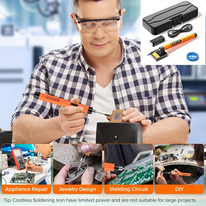 Mini Cordless Soldering Iron Kit - USB Rechargeable with Digital Display, 3 Temperature Settings, for Jewelry Crafting and DIY Projects - Orange and Dark Grey