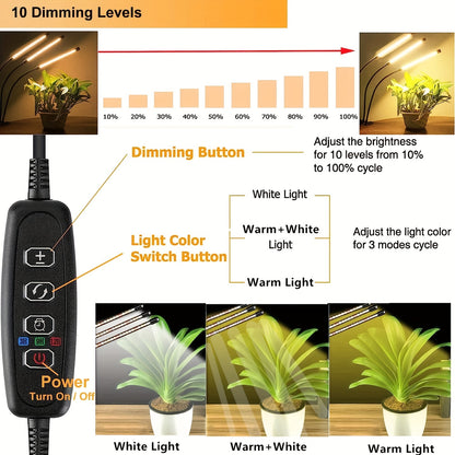 Grow Light with Stand – White & Warm White Spectrum, 10 Dimmable Brightness, 3 Timer Modes, Adjustable Gooseneck for Indoor Plant Growth