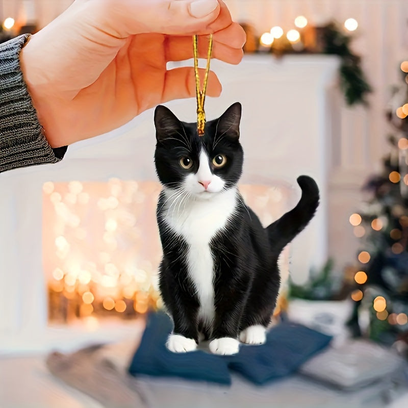 Acrylic Tuxedo Cat Hanging Ornament - Black and White Kitty Pendant with Plush Texture for Car and Bag Decor