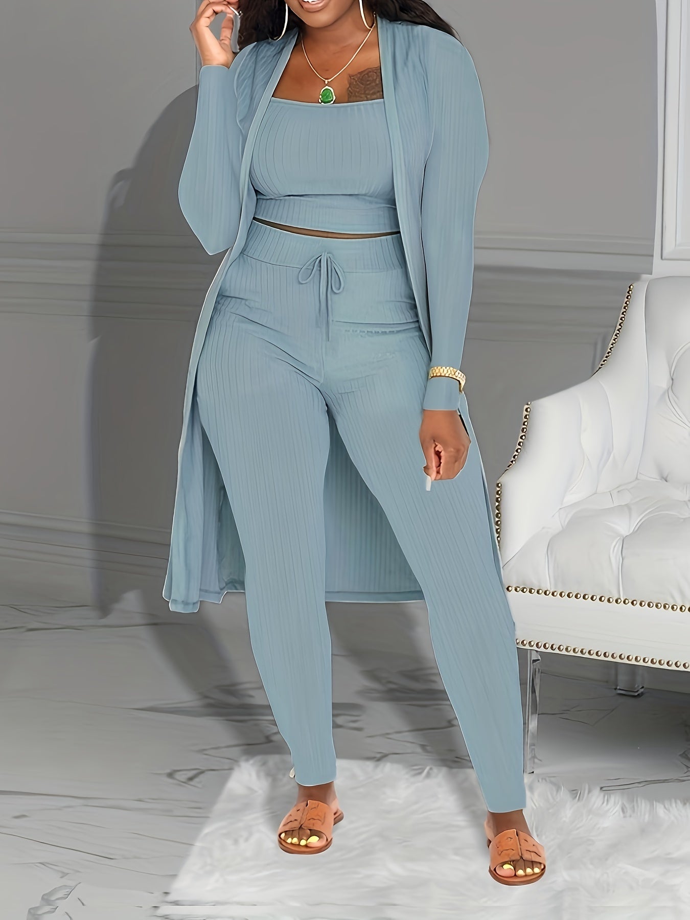 Women's Ribbed Solid Three-Piece Set - Open Front Long Sleeve Cardigan, Tank Top, and Lace-Up Pants Outfit