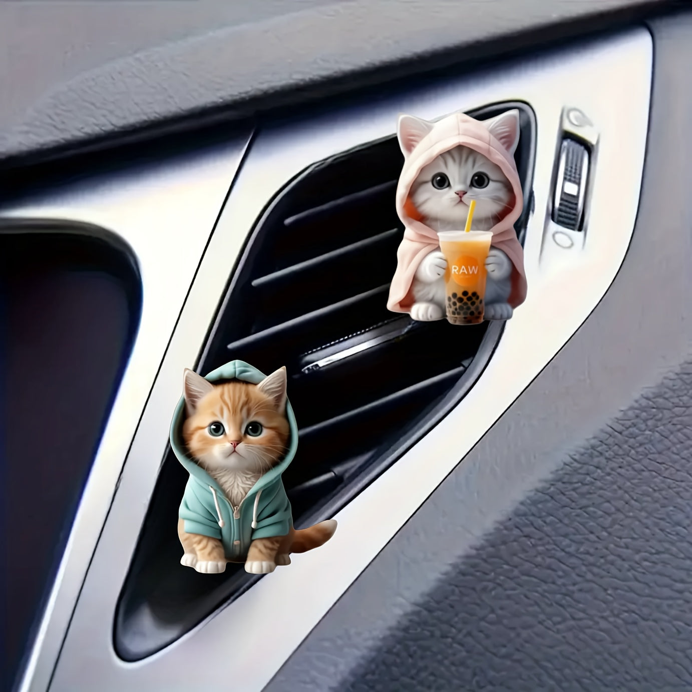 2-Pack Hoodie Cat and Boba Tea Acrylic Vent Clips - Decorative Air Fresheners for Car A/C Outlets with Scent Tablets, Aesthetic Vehicle Accessories for Interior Decor