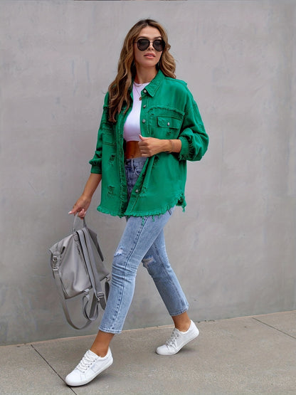 Women's Plus-Size Denim Blazer with Distressed Holes