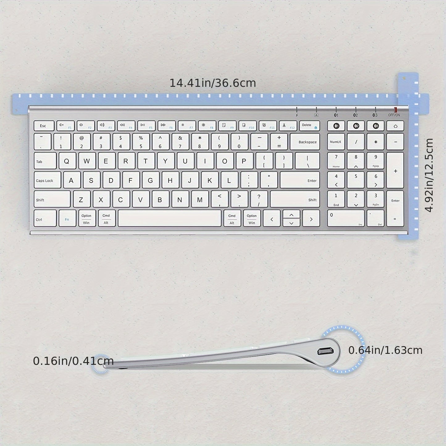 Multi-Device BT Keyboard - Slim, Rechargeable Wireless Keyboard with Number Pad, Switches Between 3 Devices, Compatible with Mac/iPad/Android/Windows - White and Silver