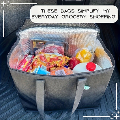 2 Pack XXL Cooler Bag | Insulated Grocery Bags for Food Delivery | Collapsible and Reusable Shopping Bags with Zippered Top | Heavy-Duty, Stands Upright