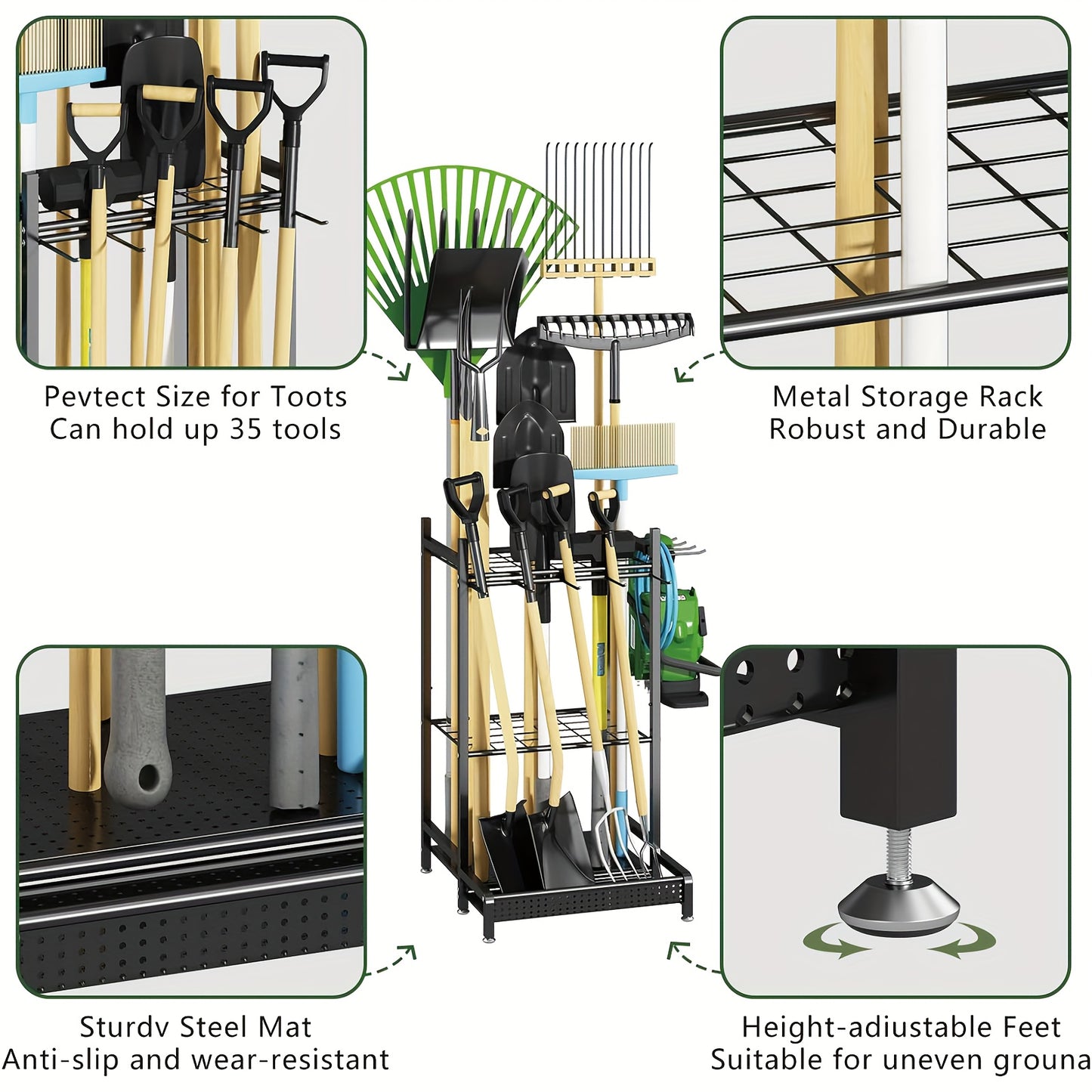 Heavy-Duty Tool Organizer Rack - Spacious Storage for Long-Handled Gardening Tools, Hooks, and Accessories - Durable Metal Construction, Sturdy Black Design, Ideal for Garage and Utility Storage