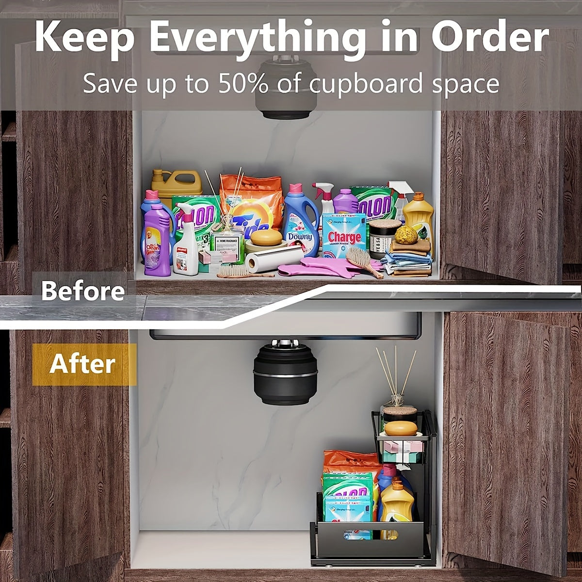 2 Tier Under Sink Organizer: Slide-Out Kitchen & Bathroom Cabinet Storage Shelf, Sturdy Metal Construction