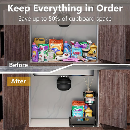 2 Tier Under Sink Organizer: Slide-Out Kitchen & Bathroom Cabinet Storage Shelf, Sturdy Metal Construction