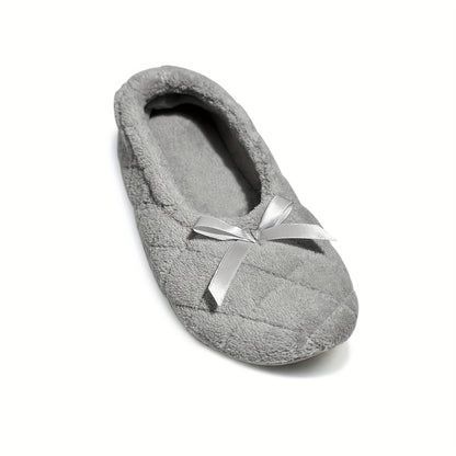 Elegant Women's Ballerina Slippers - Soft Quilted Terrycloth with Satin Bowknot, Lightweight Indoor Shoes in Grey