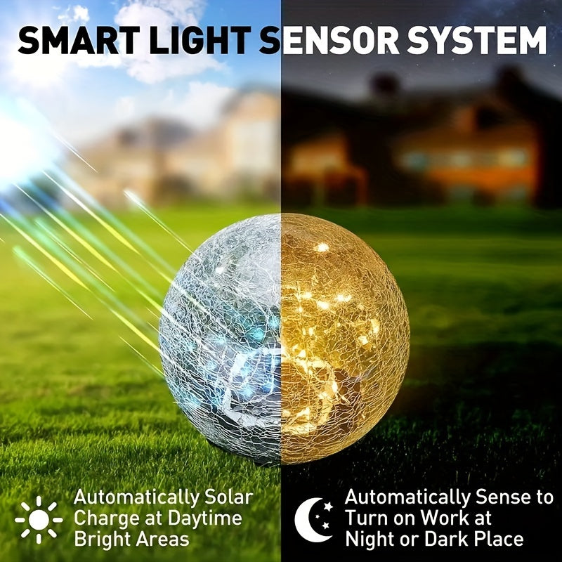 2pc Garden Light Set – Cracked Solar Glass Globe LED, Waterproof Outdoor Decorative Lights for Patio, Lawn, and Garden