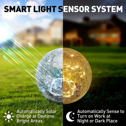 2pc Garden Light Set – Cracked Solar Glass Globe LED, Waterproof Outdoor Decorative Lights for Patio, Lawn, and Garden