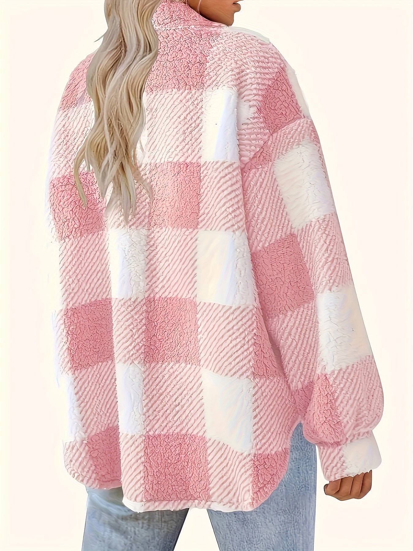 Plaid Pattern Button-Front Fuzzy Coat – Elegant Long Sleeve Warm Outerwear for Fall & Winter, Women's Clothing