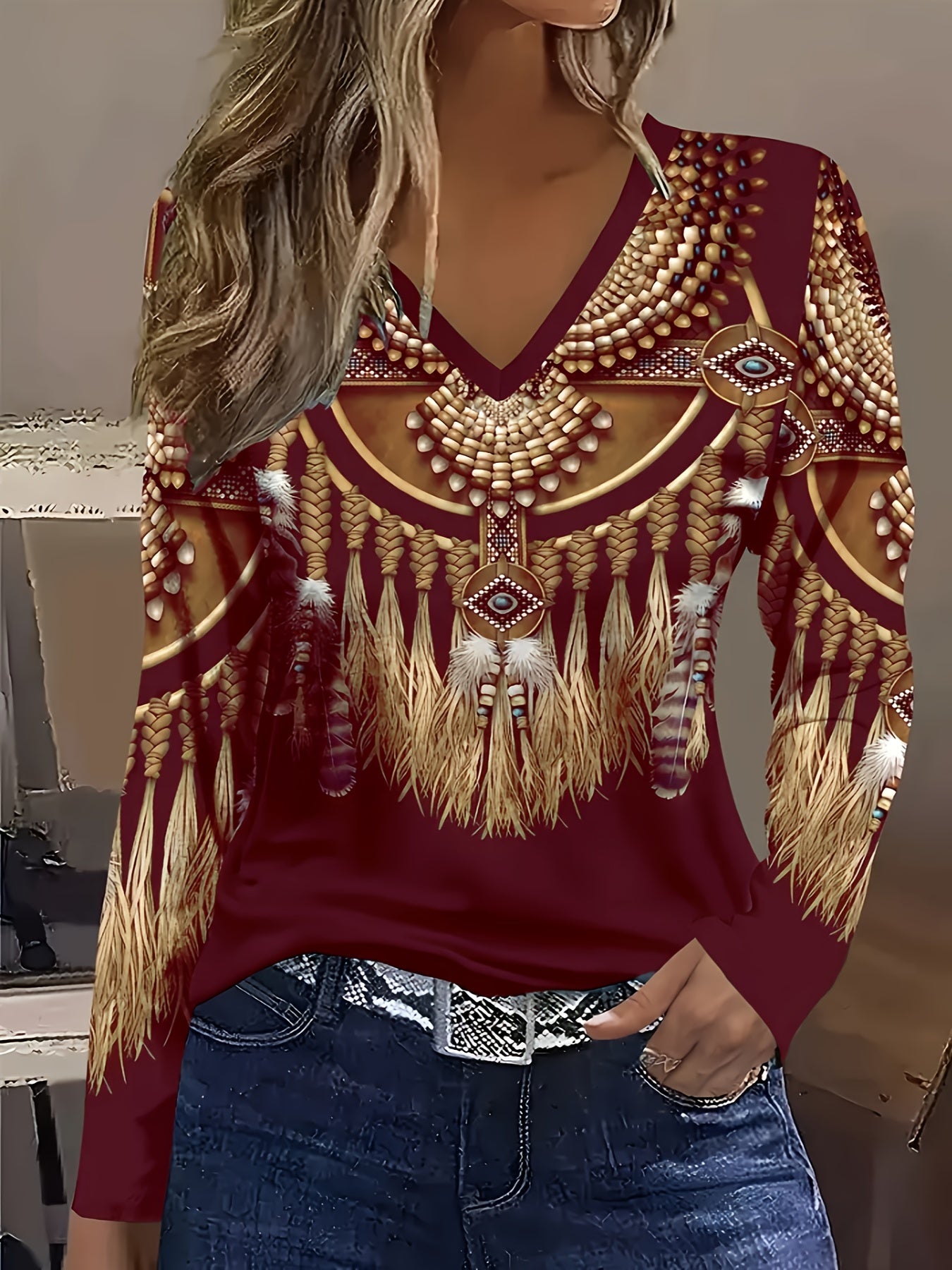 Tribal Print V-Neck T-Shirt - Casual Long Sleeve Top for Spring & Fall, Women's Clothing
