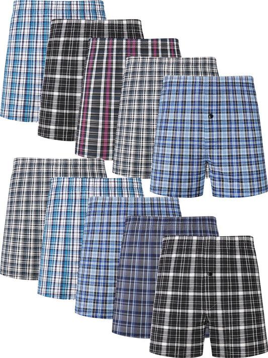 10 Pcs JupiterSecret Men's Loose Fit Cotton Blend Boxer Shorts - Elastic Waistband, Button Fly, Striped Pattern, Non-Stretch Fabric - Casual Wear for Everyday Comfort - Random Style