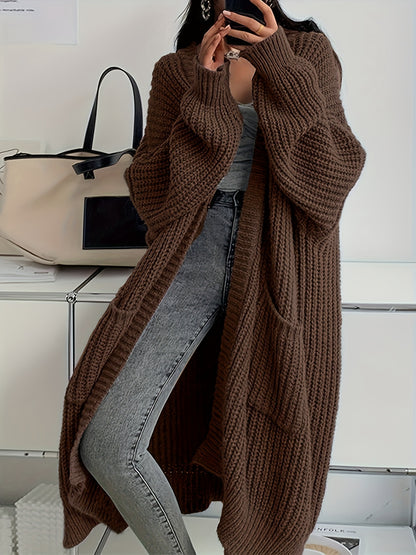 Solid Color Open Front Knitted Cardigan - Casual Long Sleeve Long Length for Spring and Fall Women's Clothing