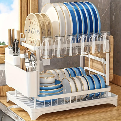 2 Tier Rustproof Metal Dish Rack with Drainboard and Utensil Holder – Space-Saving Kitchen Countertop Organizer for Dishes and Utensils, Easy to Clean