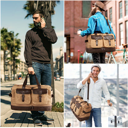 Travel Duffle Bag for Men - Waterproof Canvas Weekender with Wet Pocket, Shoes Compartment, Vintage Carry-On Luggage with Adjustable Strap