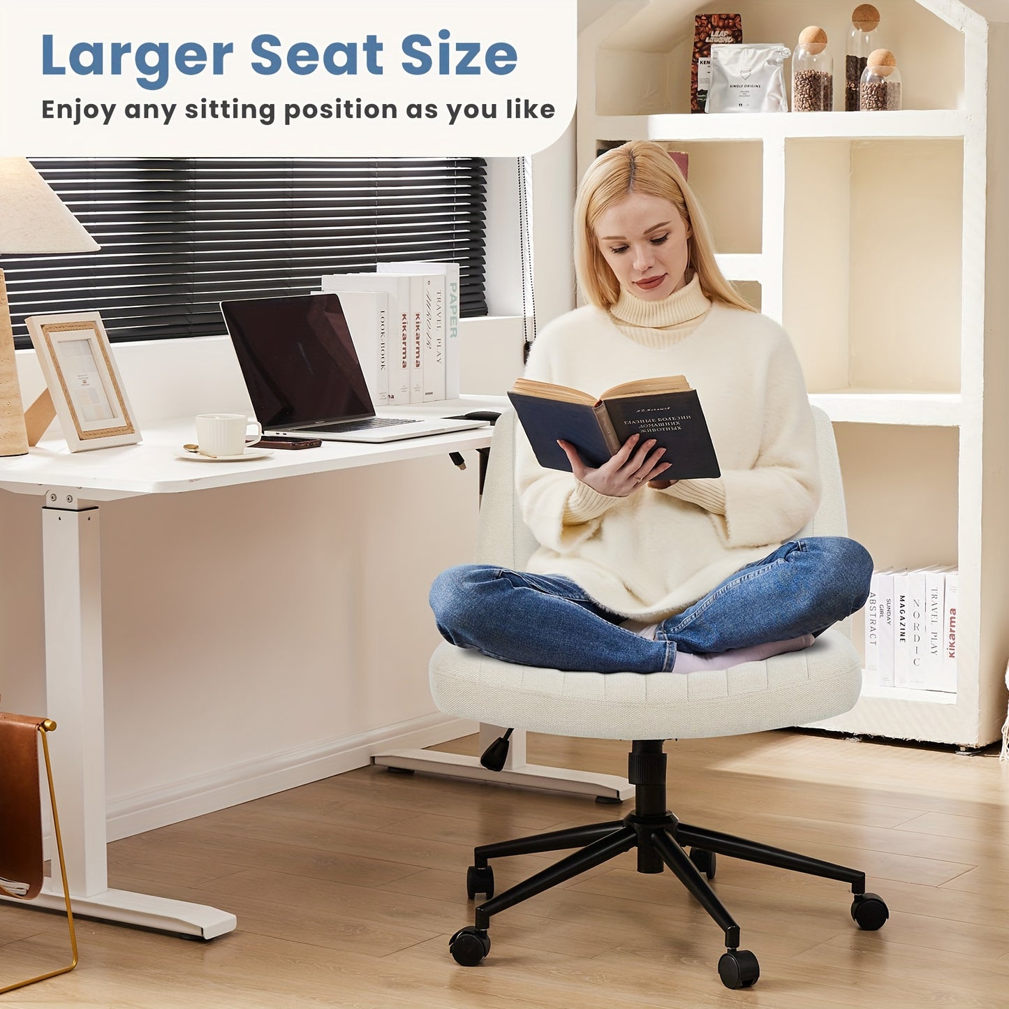 Criss Cross Office Chair with Wheels - Wide Armless Desk Chair, Adjustable Swivel, Comfy for Home and Vanity