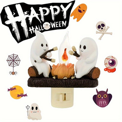 Halloween Ghost Campfire Flickering Night Light – 3D LED Faux Campfire Nightlight for Indoor Decorations, Perfect for Family and Friends